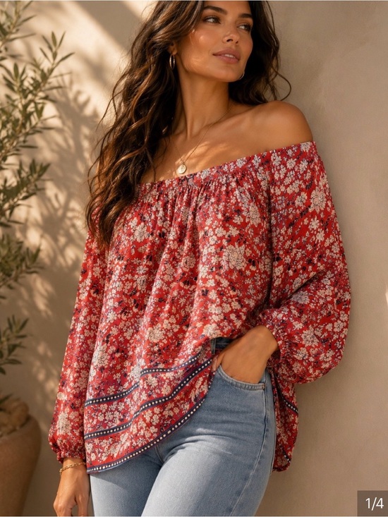 Chaps Tops - Chaps  by Ralph Lauren Red Floral Peasant Boho Off Shoulder Top  Plus Size 3X